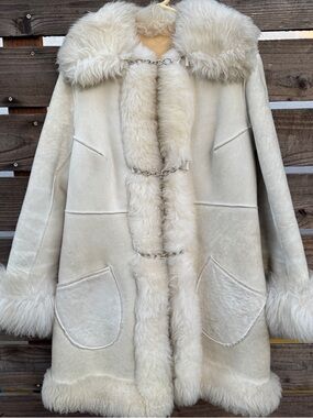 Vintage SuedeLamb by Lawrence Shearling Coat Lamb Fur Trim Cream Suede Jacket S